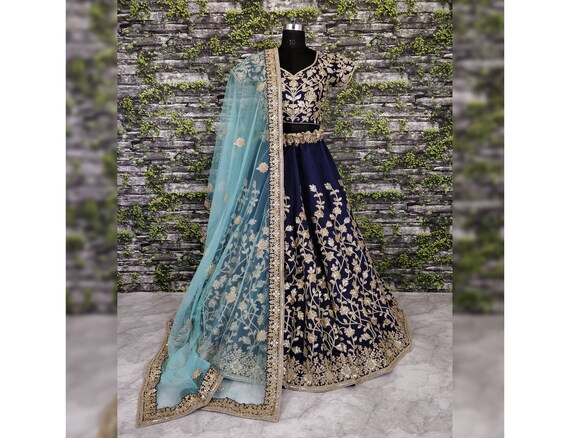 Navy Blue Color Floral Embroidered Designer Lehenga Choli For Etsy