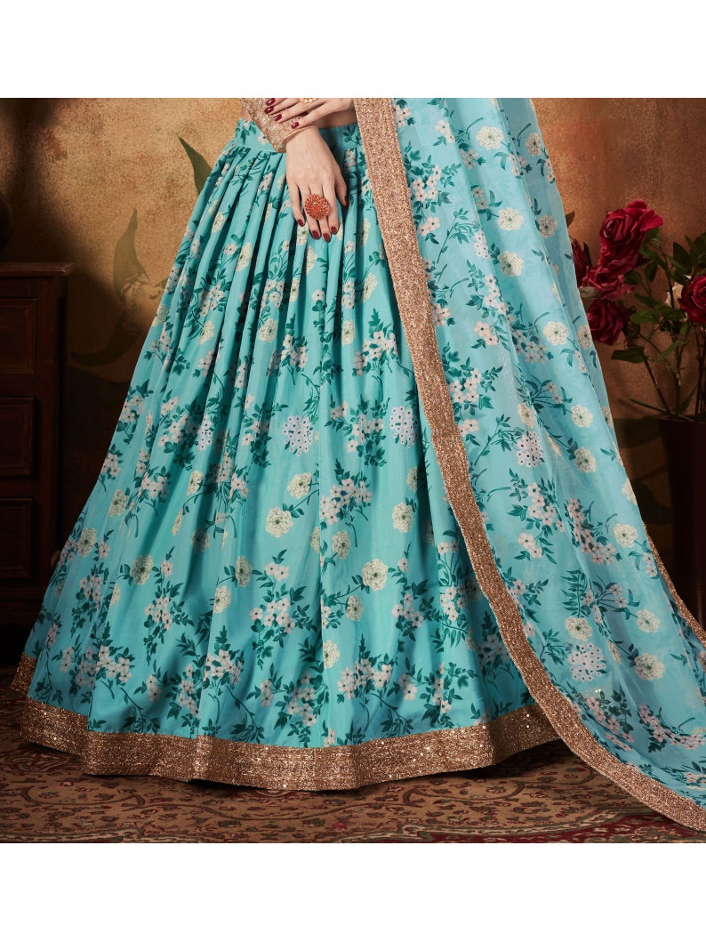 Sky Blue Floral Print Embroidered Designer Sabyasachi Lehenga Choli for Women Girls Indian Pakistani South Asian Bridal Wedding Skirt Outfit