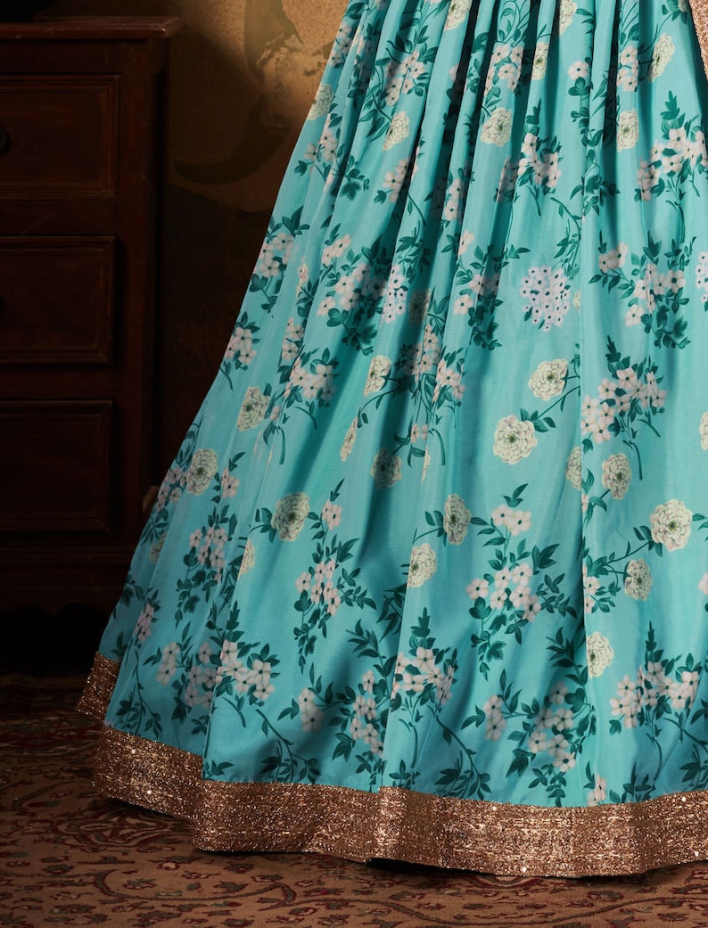 Sky Blue Floral Print Embroidered Designer Sabyasachi Lehenga Choli for Women Girls Indian Pakistani South Asian Bridal Wedding Skirt Outfit