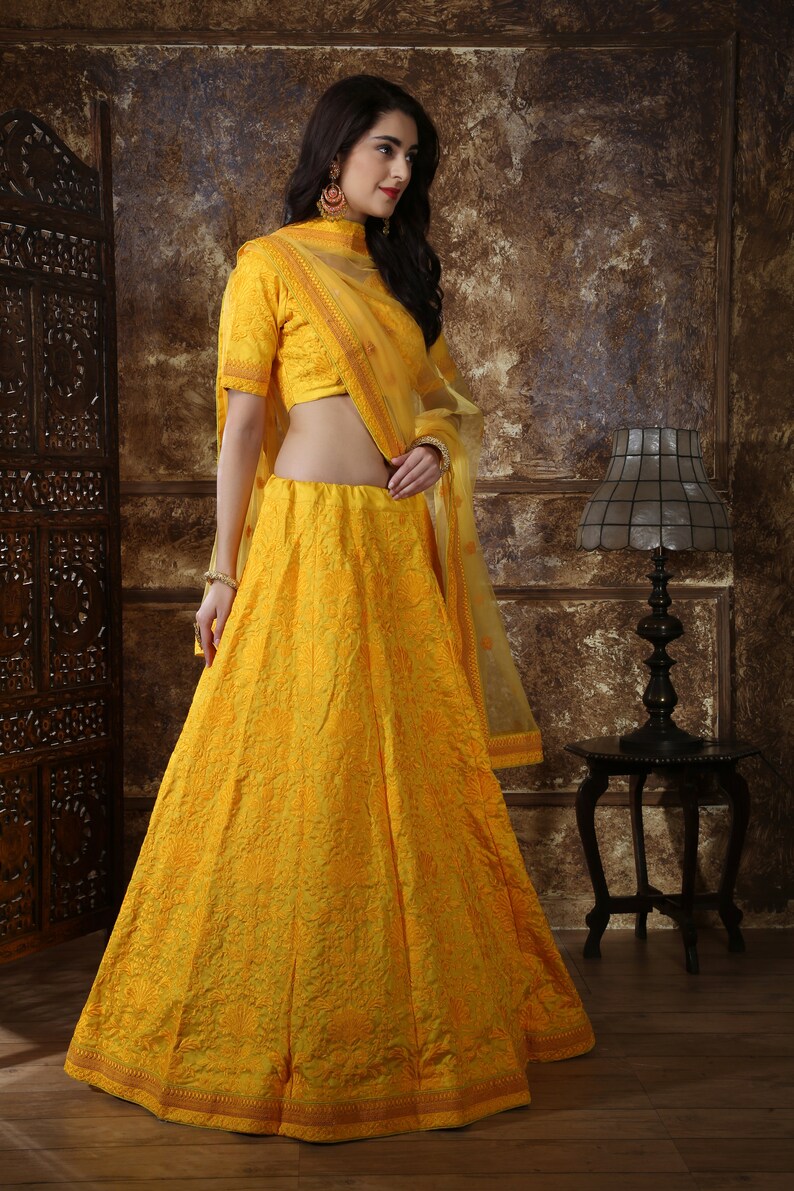 Yellow Floral Embroidery Designer Lehenga Choli for Women Indian Bridesmaids Pakistani South Asian Bridal Wedding Dress Outfit Skirt Girlish