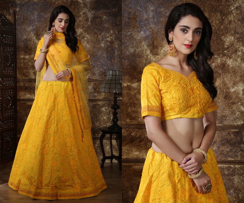Yellow Floral Embroidery Designer Lehenga Choli for Women Indian Bridesmaids Pakistani South Asian Bridal Wedding Dress Outfit Skirt Girlish