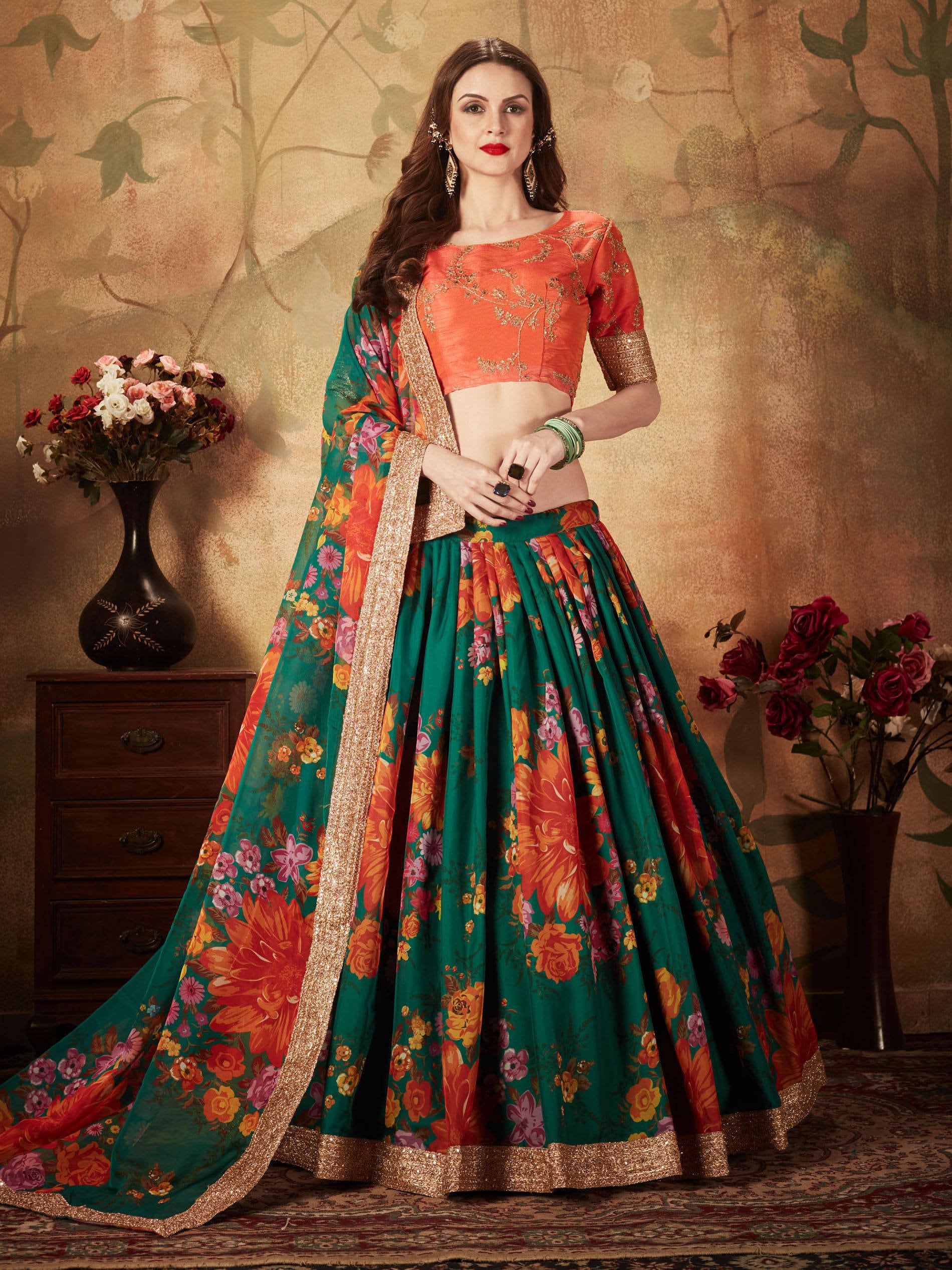Green Lehenga Choli for Women Floral Printed Embroidered Etsy
