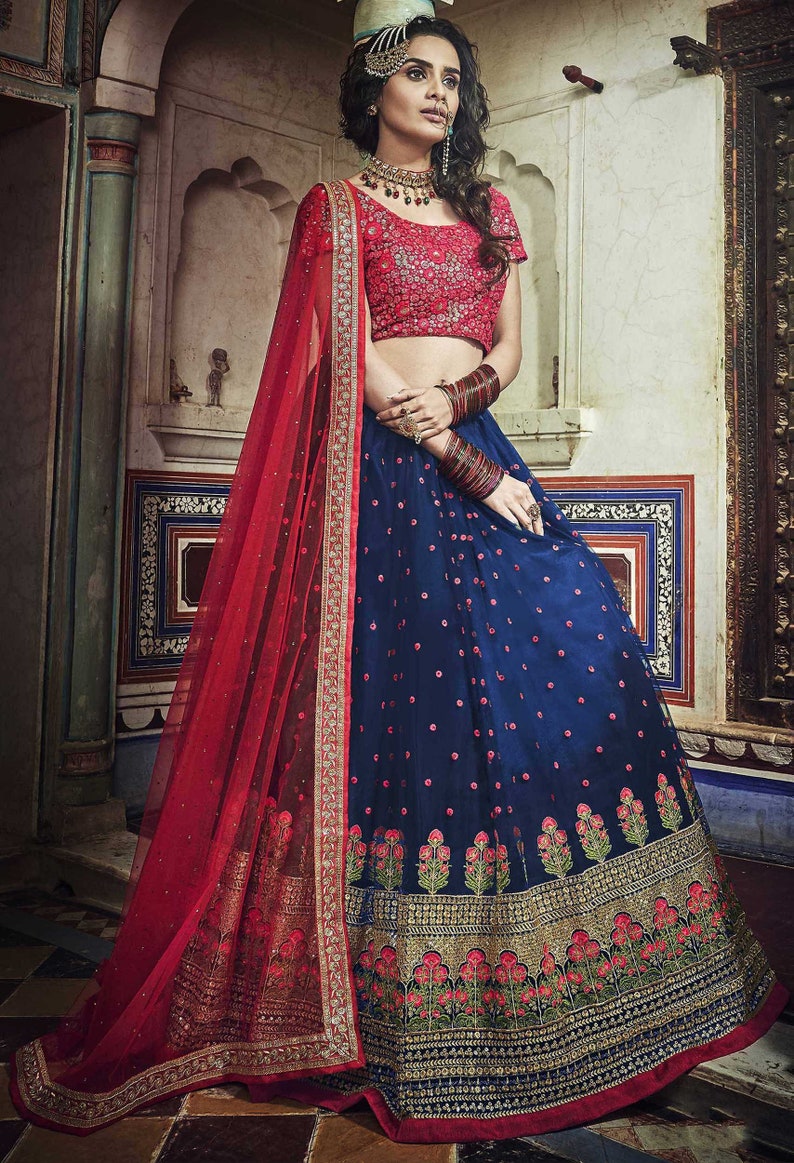 Navy Blue Embroidered Designer Net Lehenga Choli Dupatta for | Etsy