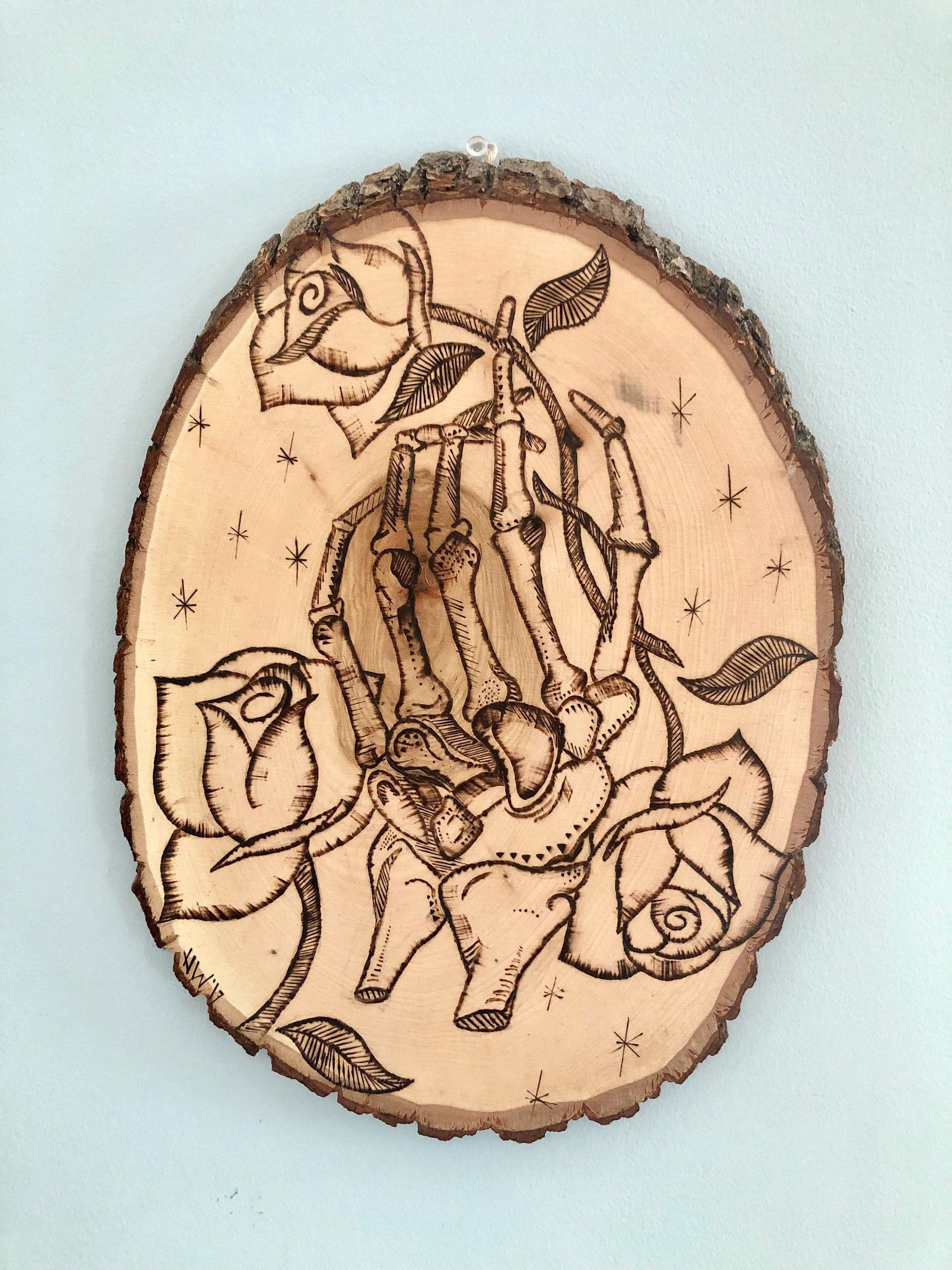 Roses in Skeleton Hand Wood Burned Piece Etsy