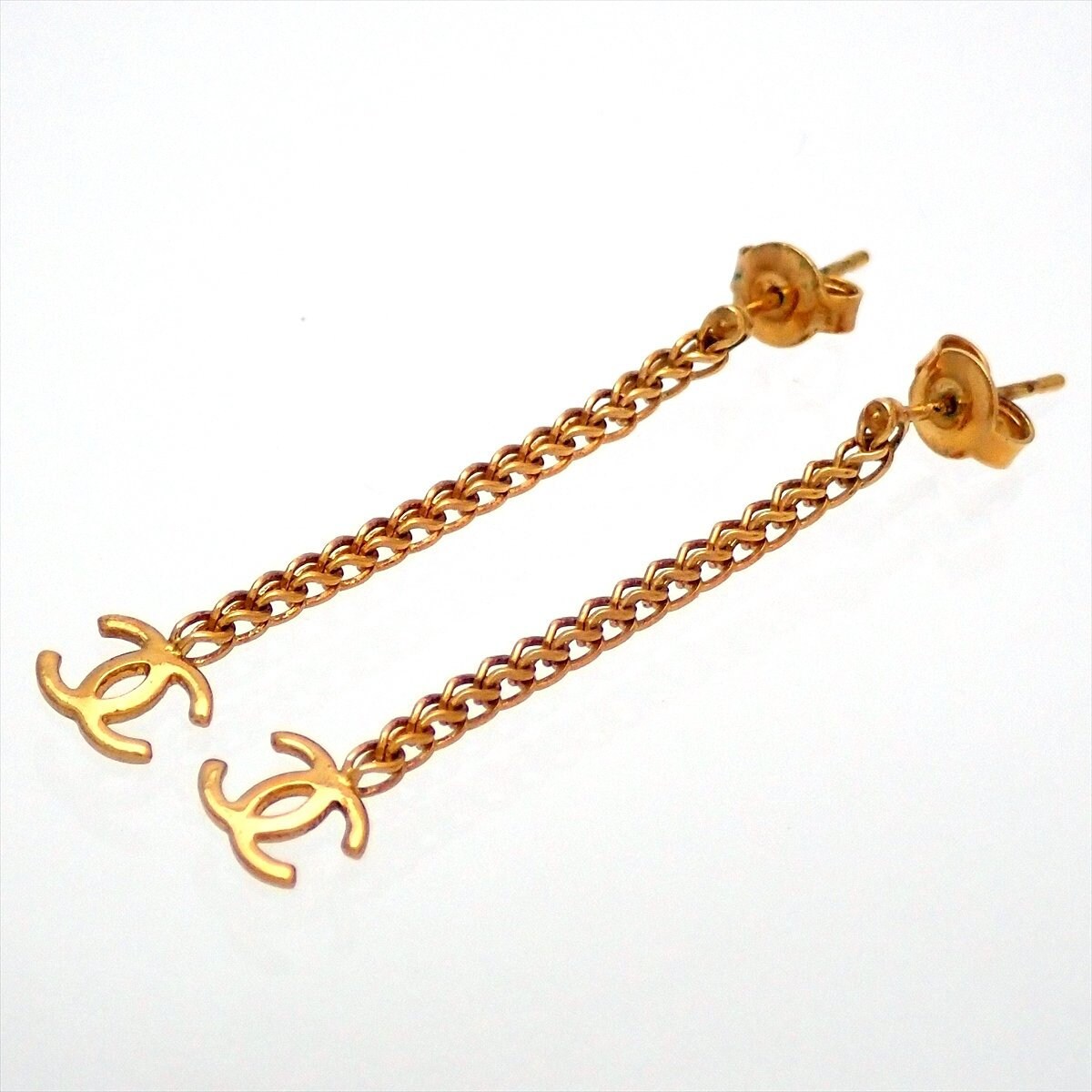 Auth Vintage Chanel stud earrings CC logo double C chain Etsy