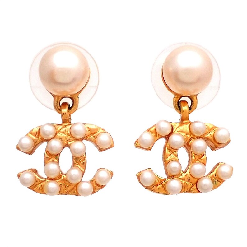 Auth Vintage Chanel stud earrings CC logo double C faux pearl Etsy