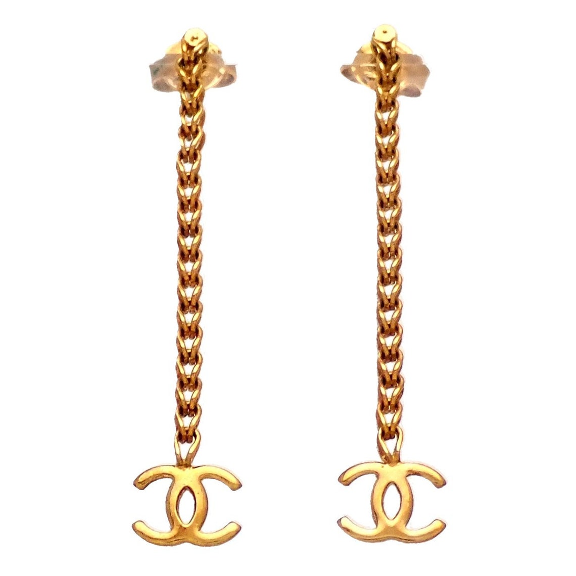 Auth Vintage Chanel stud earrings CC logo double C chain Etsy