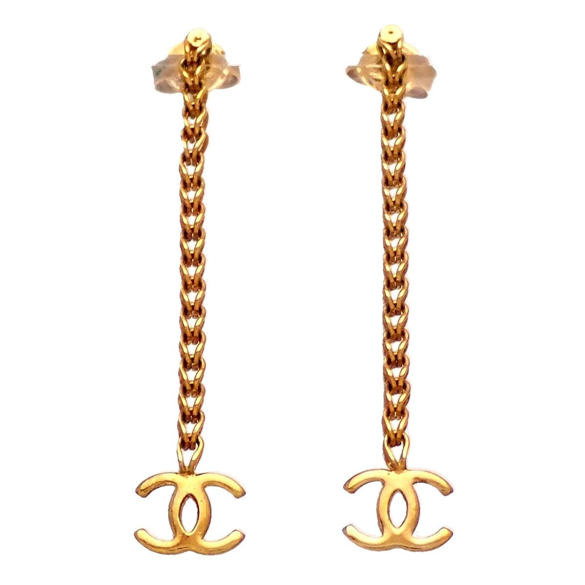 Auth Vintage Chanel stud earrings CC logo double C chain Etsy