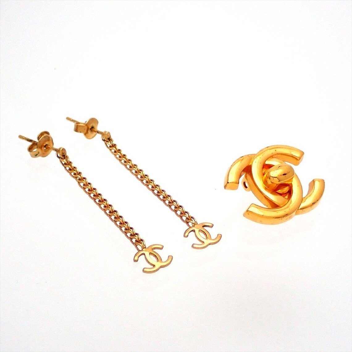 Auth Vintage Chanel stud earrings CC logo double C chain Etsy
