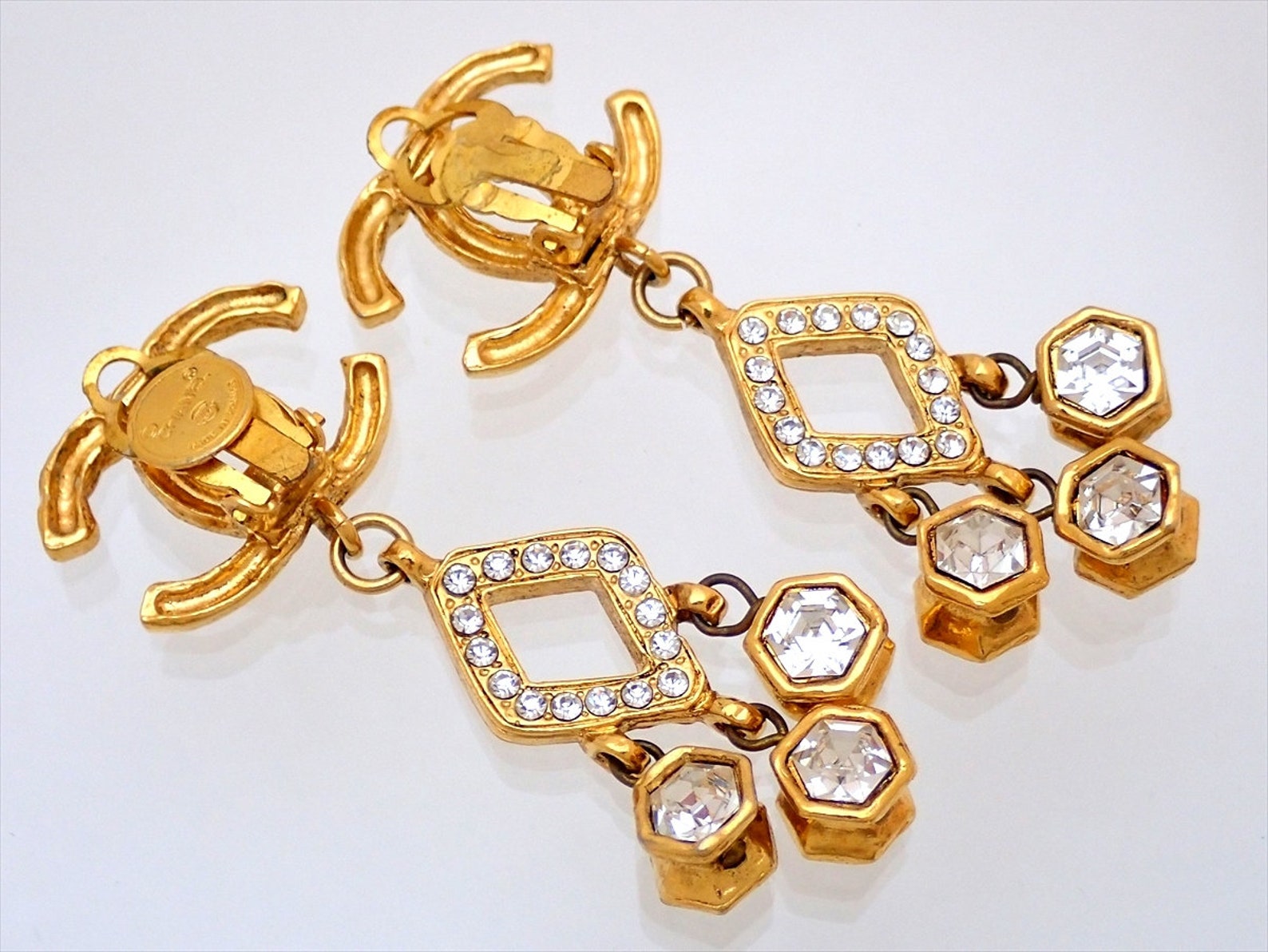 Authentic vintage Chanel earrings CC logo rhinestone dangle Etsy