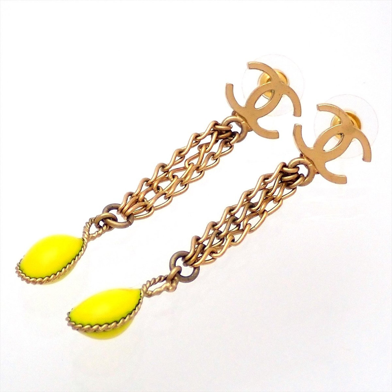 Auth Vintage Chanel stud earrings CC logo double C yellow Etsy