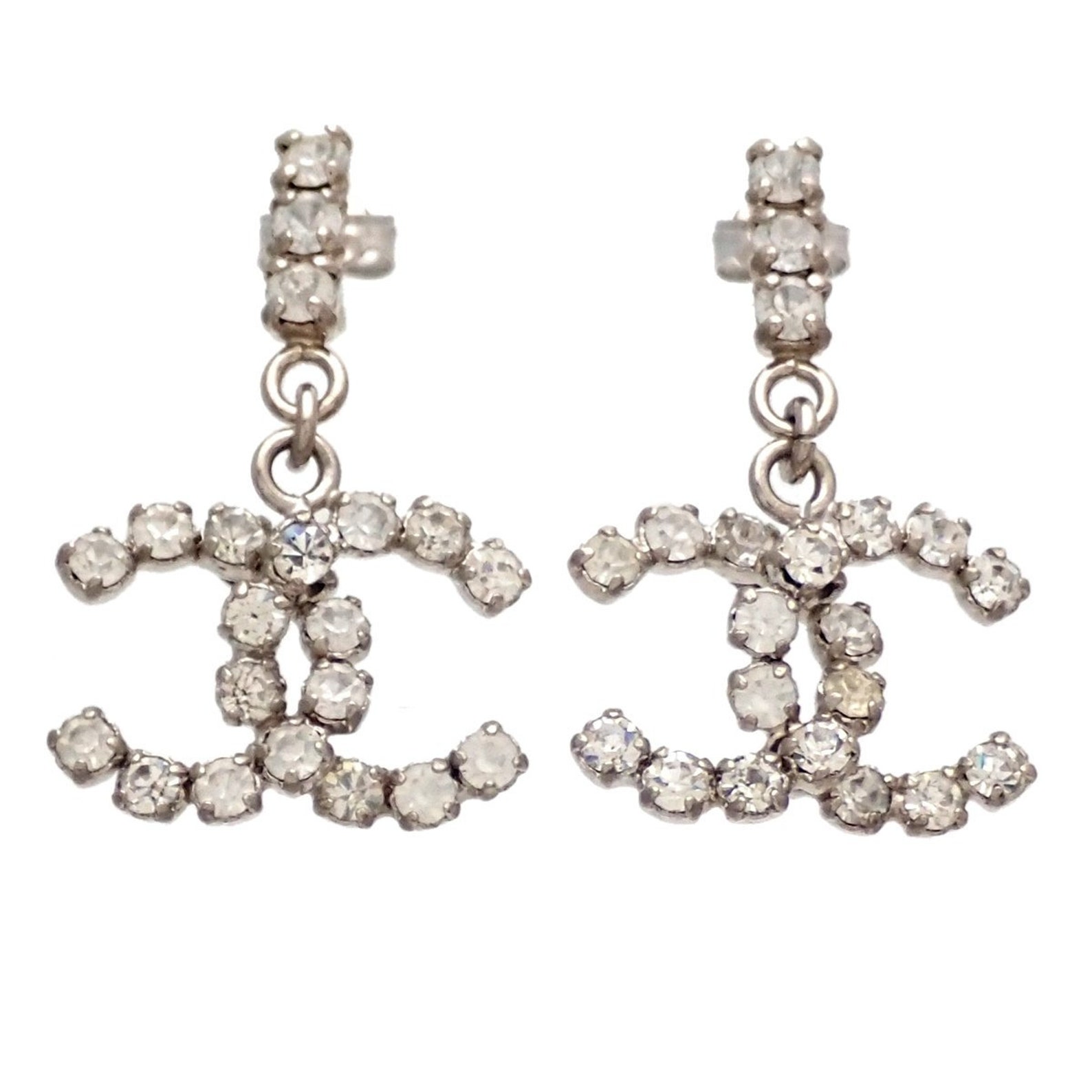 Auth Vintage Chanel stud earrings CC logo rhinestone silver Etsy