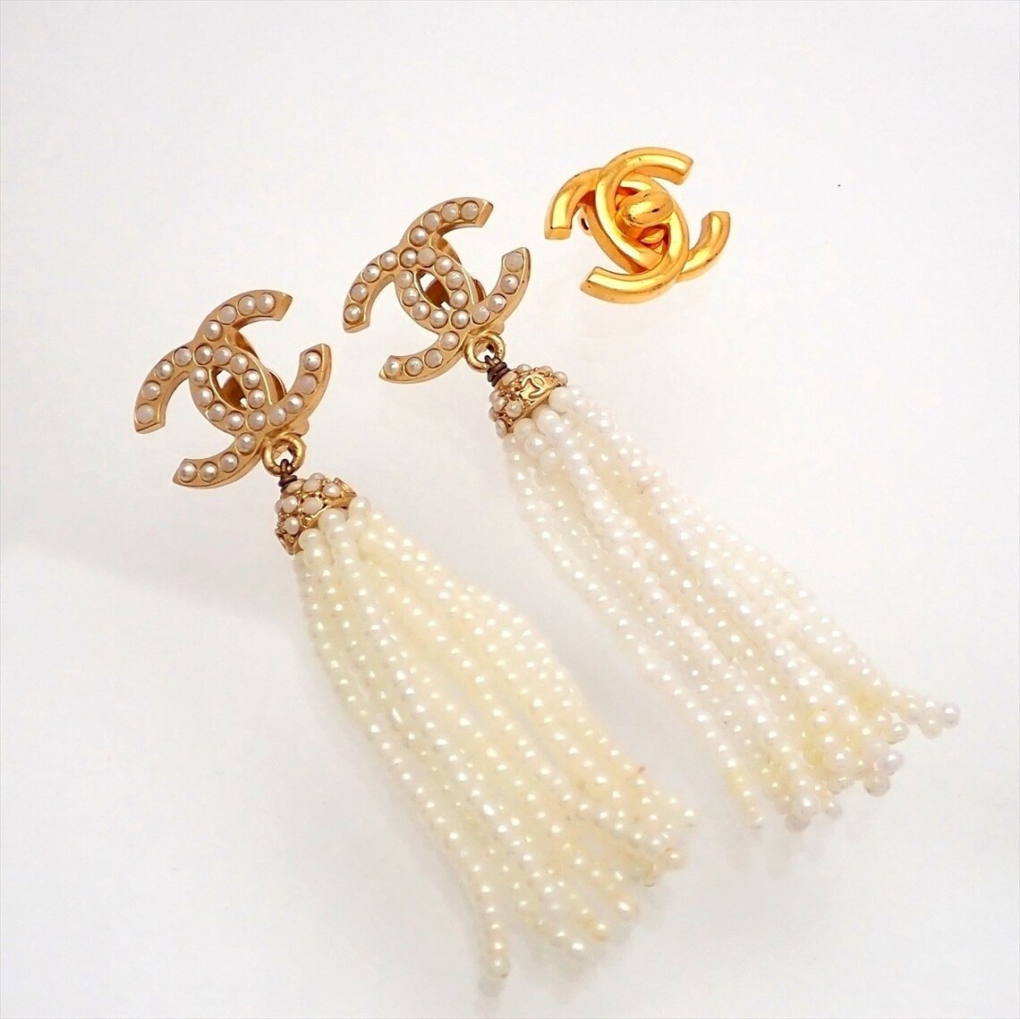 Auth Vintage Chanel stud earrings CC logo double C beads Etsy