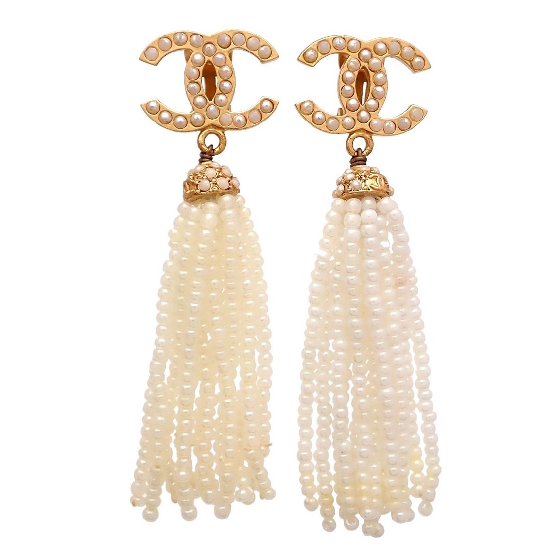 Auth Vintage Chanel stud earrings CC logo double C beads Etsy