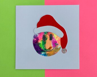 Smiley face with Santa hat Christmas card- Handmade