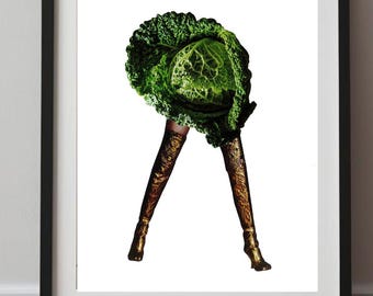 Whimsical Cabbage - Fashion Art Print - Modern Pop Surrealism Wall Art, A4