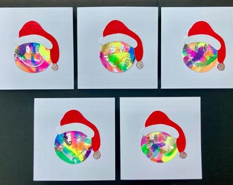 Smiley face with Santa hat Christmas card- Handmade- pack of 5