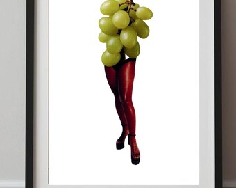 Whimsical Grape Fashion Art Print - Modern Pop Surrealism Wall Art, A4