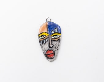 Cubist-inspired face pendant, hand-painted enameled porcelain