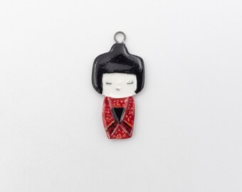 Kokeshi pendant, Japanese doll, hand-painted glazed porcelain, blue