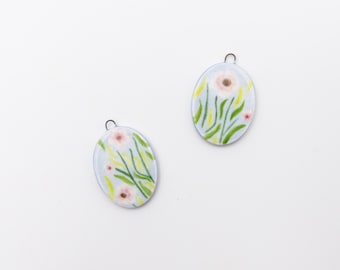 Enameled ceramic flower charms, sarreve, hand painted, porcelain flower charms