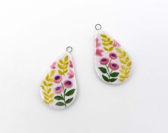 2 enameled ceramic floral charms, artisanal charms, sarreve, hand painted, colorful fantasy pendants