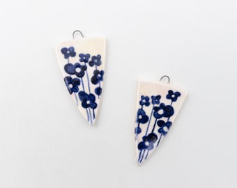 Handmade Floral Pendants for Earring, Pair of Natural Ceramic Pendants for Jewelry Making