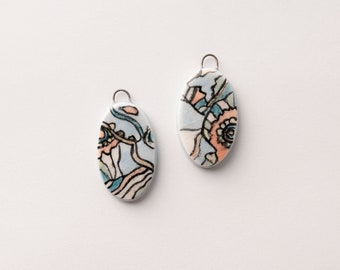 2 oval ceramic beads with abstract patterns, charms earrings, glazed porcelain, jewelry supplies, hand painted