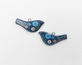 Ceramic bird pendants, hand painted on both sides, ideal for creating earrings and other jewelry.