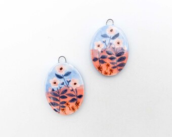 Enameled ceramic flower charms, sarreve, hand painted, porcelain flower charms