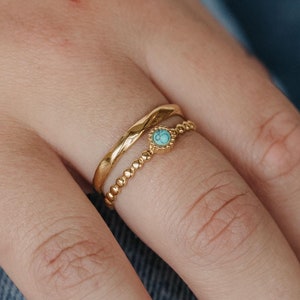 Turquoise Stone Gold Double Ring, Adjustable Stainless Steel Birthstone Ring, Stacking Waterproof Jewelry, Ideal Gift for Her