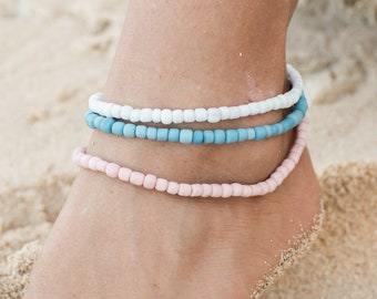 Labuan Bead Anklet in White - Adjustable Surf Anklet by Pineapple Island | Beaded Anklet, Ankle Bracelet, Gift for Her, Beach Jewelry