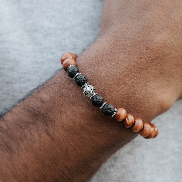 Khumbu Wooden Bracelet | Bead Bracelet for Him, Lava Stone Detail, Surfer Style Stretch Bracelet by Pineapple Island