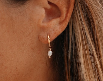 Real pearl earrings, Drop pearl earrings, Huggie hoop earrings, Silver earrings, Handmade jewelry, Pearl Earring, Summer, Pineapple Island