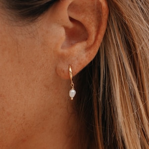 Real pearl earrings Drop pearl earrings Huggie hoop image 1