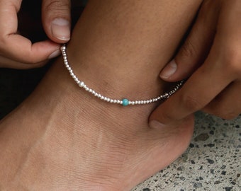 Silver Bead Anklet, Handmade by Pineapple Island | Surfer Style Boho Chic Ankle Bracelet, Turquoise Bead Detail