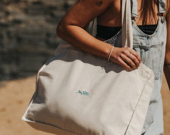 Wave Embroidered Tote Bag | Large Canvas Eco-Friendly Beach Bag with Embroidered Design, Perfect Eco-Friendly Beach Accessory