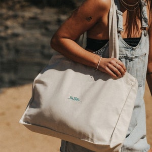 Wave Embroidered Tote Bag | Large Canvas Eco-Friendly Beach Bag with Embroidered Design, Perfect Eco-Friendly Beach Accessory