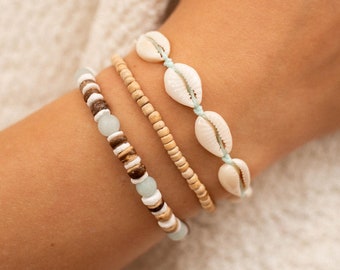 Handmade Shell Friendship Bracelet Set: Cowrie, Puka, Coconut Wood