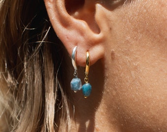 Asri Natural Stone Huggie Hoops, Stone drop earring, Huggie hoop earrings, Gold earring, Handmade jewelry, Surfer hoops, Pineapple Island