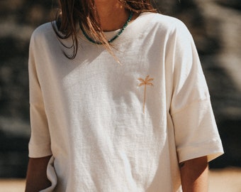 Palm Tree Embroidered Oversized T-Shirt: Sustainable Surfwear by Pineapple Island | Made with Organic Cotton, Eco-Friendly Fashion