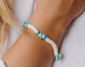 Azul Turquoise & Puka Shell Bracelet | Bead Bracelet Handmade by Pineapple Island, Gemstone Stretch Bracelet for Stacking