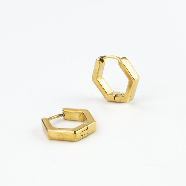 Minimalist Hexagon Hoop Earrings Geometric Huggie Hoops by Pineapple Island Handmade Hoop Jewelry, Elegant Geometric Earrings Gold