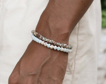 Ubud Stone Bead Bracelet: Handmade Stone Elastic Bracelet, Designed for Him by Pineapple Island, Surfer Style