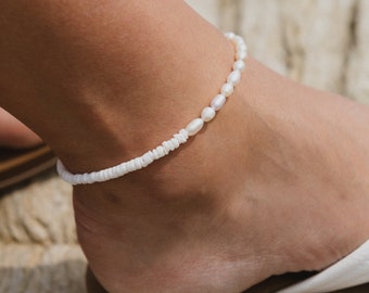 Flores Puka Shell and Pearl Anklet - Surf & Beach Boho Jewelry by Pineapple Island | Handmade Anklet,  Perfect Anklet for Woman