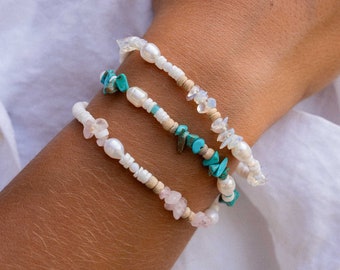 Natural Stone, Pearl & Shell Bracelet Handmade by Pineapple Island | Gemstone Bead Bracelet for Her