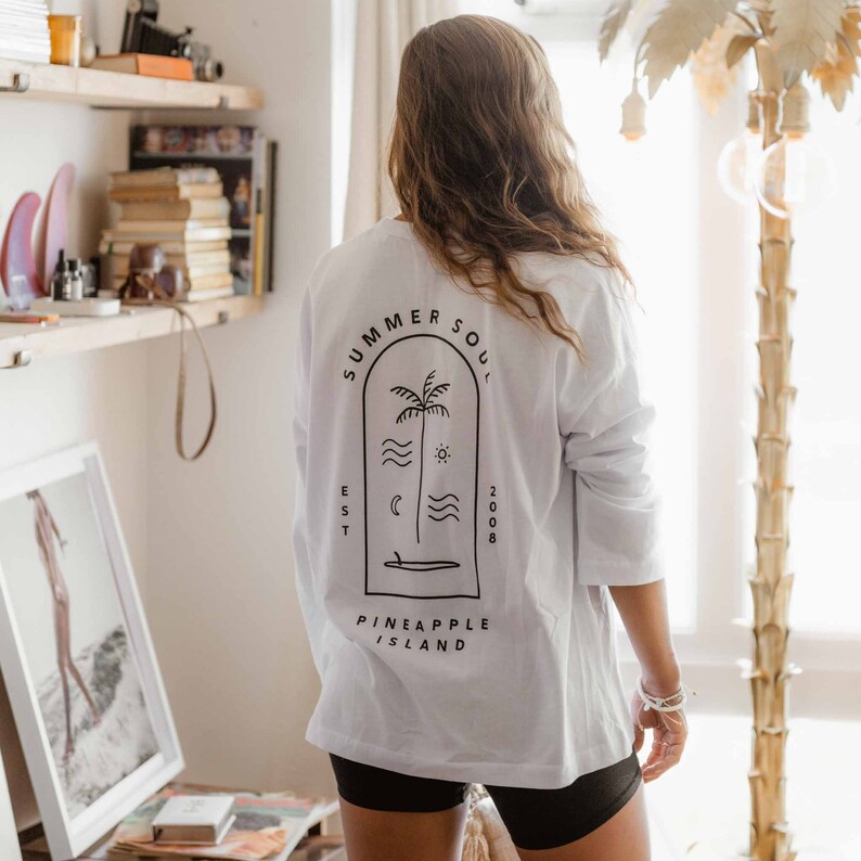 Summer Soul Oversized Long Sleeve T-Shirt Top for Summer Vibes, Surf Screenprint, Trendy Unisex Fit Made From Organic Cotton image 1