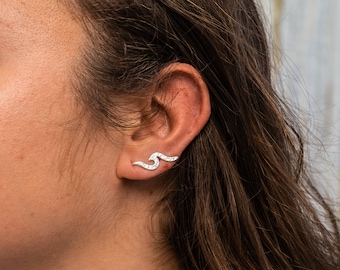 Silver Plated Wave Climber: Beachy Surfer Jewelry by Pineapple Island, Boho Earrings, Hammered Ocean Jewellery