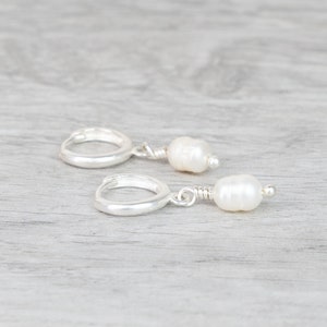 Pearl Earrings by Pineapple Island Delicate Handmade Huggie Earrings with Dangling Pearl Charm Bridal Gifts Pearl Jewelry image 7