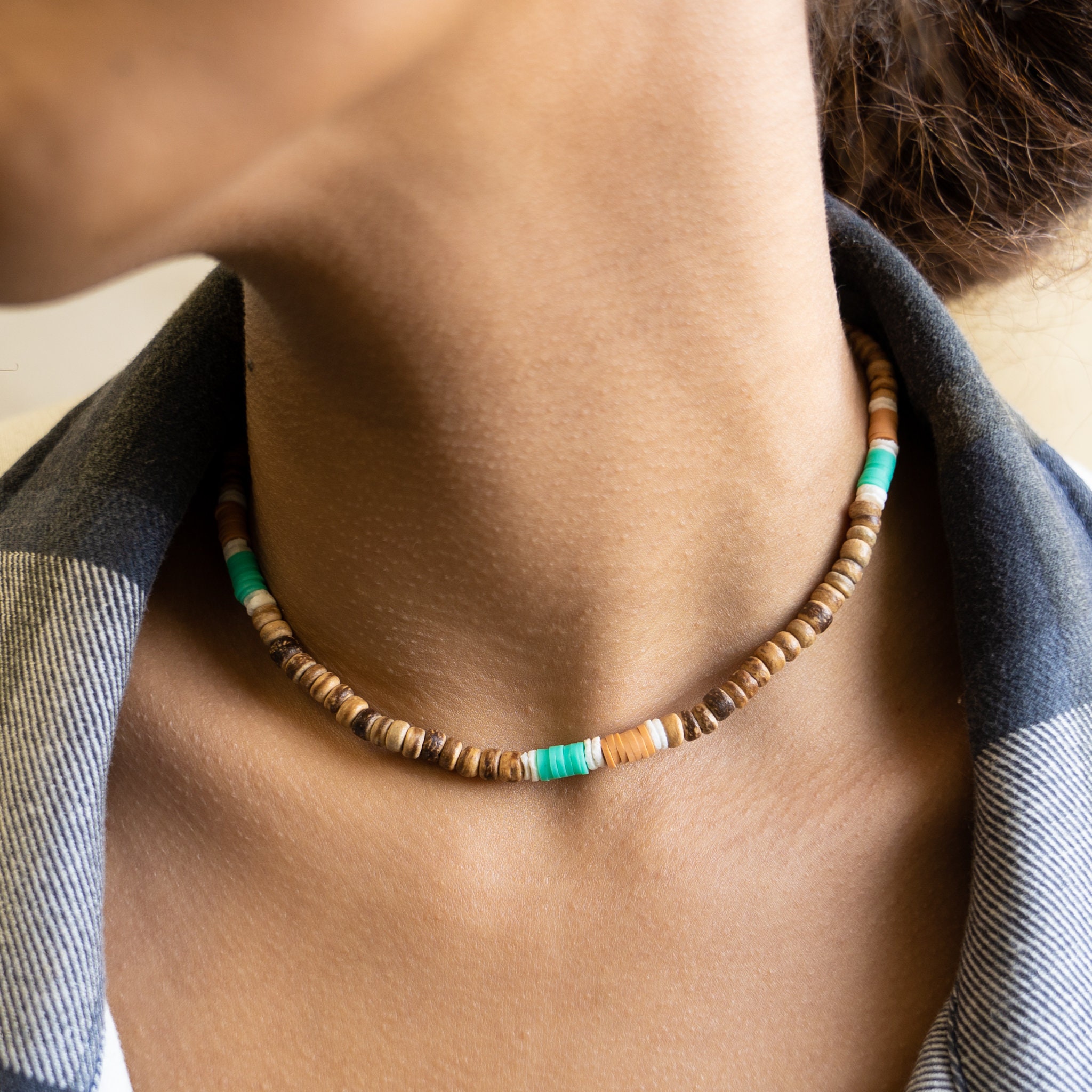 Funight Collana Surf Surfista Coco Etnico Legno Perle Di Coco Girocollo Tribale Ciondolo Uomo Donna Bambino Nero Bianco, Legno, Perla - Foto 8